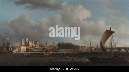 Westminster aus Lambeth, mit der Ceremonial Barge of the Ironmongers' Company, Samuel Scott, 1701/2–1772, britisch, ca. 1745, Öl auf Leinwand, Stütze (PTG): 31 1/4 x 59 1/4 Zoll (79.4 x 150.5 cm), Lastkähne, Lastkähne (zeremonielle Wasserfahrzeuge), Brücke (gebaute Arbeit), Gebäude, Kathedrale, Zeremonie, Kirche, Stadtbild, Wappen, Bau, Fahnen, Meereskunst, Männer, Brüstung, Prozession, Fluss, Ruderboote, Segelboote, Gerüste, Schlingen (Segelschiffe), Turm, Turm (Gebäudeabteilung), Türmchen Wind, City of Westminster, England, Greater London, London, Themse, Großbritannien, Westminster Stockfoto