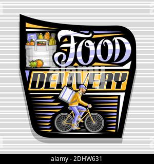Vector Logo für Food Delivery, schwarzes Dekorationsetikett mit Illustration von fahrenden Männern auf Fahrrad mit Lieferkarton, Papiertasche mit Lebensmitteln, Apfel und Stock Vektor