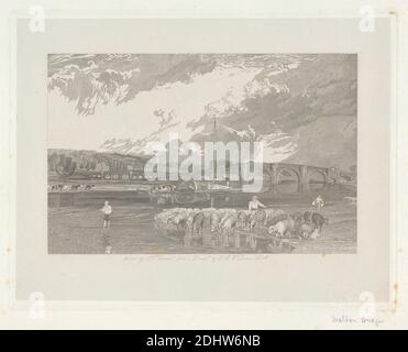 Walton Bridge on Thames, Surrey, J. C. Varrall, aktiv 1815–1827, nach Joseph Mallord William Turner, 1775–1851, British, 1827–1838, Offene Radierung Stockfoto