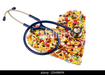 Verschiedene Tabletten in Herzform, Kosten, Geld, Euro, Gesundheitswesen, Krankenhasse, Medizin, Pillen, Herz, Herzform, Stethoskop Stockfoto