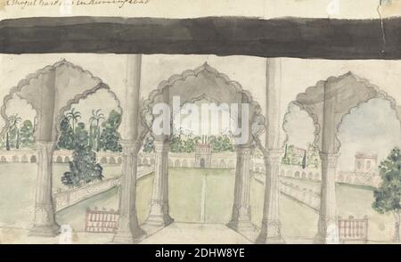 Ein Mongul-Garten in Aurungabad, Gangaram Chintaman Tambat, aktiv 1790er, anglo-indisch, undatiert, Aquarell und Graphit auf Medium, leicht strukturiert, cremefarbenes Papier, Blatt: 7 × 11 Zoll (17.8 × 27.9 cm Stockfoto