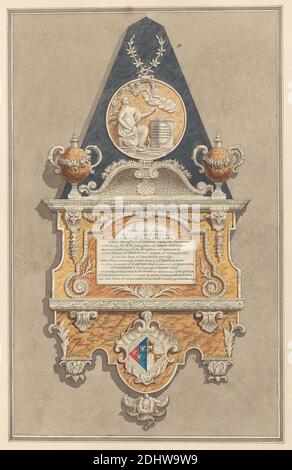 Memorial to Jane Coke, from Sunbury Church, Daniel Lysons, 1762–1834, British, between 1796 and 1811, Pen and black ink, Watercolor and Gouache over Graphite on Medium, slightly textured, Cream wove paper, Sheet: 15 1/8 × 11 Zoll (38.4 × 27.9 cm), architektonisches Motiv, Kirche, Denkmal, England, Greater London, London, St. Mary's Church, Sunbury, Großbritannien Stockfoto