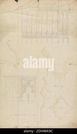 St. Marie, Newcastle on Tyne: Designs for Side-Screen, Augustus Welby Northmore Pugin, 1812–1852, British, Augustus Charles Pugin, 1762–1832, French, 1851, Graphit und Stift und schwarze Tinte auf Medium, leicht strukturiert, cremefarbenes Wove-Papier, Blatt: 19 3/8 × 12 Zoll (49.2 × 30.5 cm), architektonisches Motiv, Newcastle upon Tyne Stockfoto