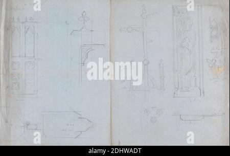 Designs for Gothic Screen, Crucifix and Stained Glass Window, Augustus Welby Northmore Pugin, 1812–1852, British, Augustus Charles Pugin, 1762–1832, French, undated, Graphit on Thin, smooth, blue wove paper with two fold Markes, Sheet: 9 3/4 × 15 5/8 Zoll (24.8 × 39.7 cm), architektonisches Motiv, Architektur, Kruzifix, Design, Gotik (Mittelalter), Leinwand, Glasmalerei, Fenster Stockfoto