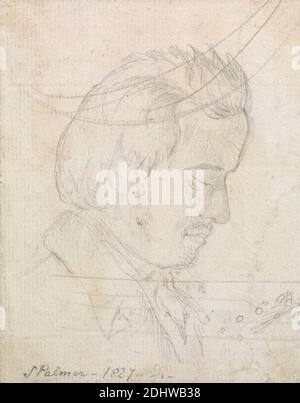 Portrait Head of Samuel Palmer, George Richmond, 1809–1896, British, 1827, Graphit auf Medium, leicht strukturiert, gebläutes weißes Papier, Blatt: 4 5/16 × 3 3/8 Zoll (11 × 8.6 cm), Tierkunst, Figurenstudie, Portrait, Schaf Stockfoto