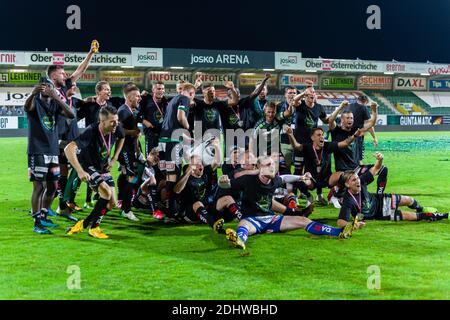 Ried, Österreich - 31. Juli 2020. Feier des Sieges in der Fußballliga in der Josko Arena Stockfoto