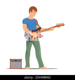 Ein junger Mann spielt die E-Gitarre. Combo ist in der Nähe. Heimhobby. Zeitgenössisches Musikinstrument. Vektor-isolierte Illustration. Stock Vektor