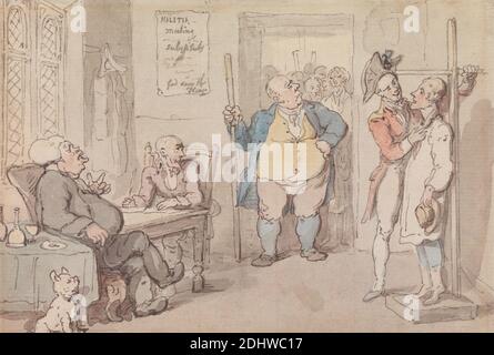 The Recruiting Officer, Thomas Rowlandson, 1756–1827, Britisch, 1797, Aquarell mit Feder und rotbrauner, grauer und schwarzer Tinte; rückseitig: Aquarellflecken. Auf Medium, mäßig strukturiert, gebläutes Weiß, Papier, Blatt: 4 x 6 Zoll (10.2 x 15.2 cm), Stühle, Hund (Tier), Tür, Genre Thema, Männer, Militär, die, Büro, Offizier (Militäroffizier), Rekrutierung, Raum, Maßstab (Regel), Tisch, Fenster Stockfoto