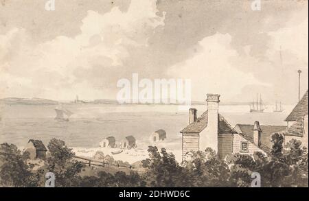 West Cowes, Isle of Wight, unbekannter Künstler, Stil von Paul Sandby RA, 1731–1809, britisch, undatiert, Braun und Grau waschen und Stift braune Tinte auf Medium, Creme, glatt gewobenen Papier montiert auf mäßig dick, Creme Karte, Blatt: 5 5/8 x 9 1/4 Zoll (14.3 x 23.5 cm) und Halterung: 7 1/2 x 11 1/4 Zoll (19.1 x 28.6 cm), Bademaschinen, Strand, Boote, Kanal (Wasserkörper Komponente), Wolken, Landschaft, Freizeit, Segelboote, Küste, Schiffe, England, englischer Kanal, Europa, Isle of Wight, Großbritannien, West Cowes Stockfoto