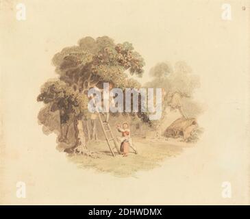 An Apple Tree Near a Cottage, Richard Westall, 1765–1836, britisch, undatiert, Aquarell und Graphit auf mittlerem, glattem, cremefarbenem Papier, Blatt: 7/8 x 1/8 cm (5 14.9 x 7 18.1 Zoll) und Bild: 4 x 4 7/8 Zoll (10.2 x 12.4 cm), Apfelbaum, Äpfel, Korb, Junge, Hosen, Kinder, Kamin, Hütte, Kleider, Vater, Zaun, Genre Thema, Mädchen, Jacke, Leiter, Mann, Schuppen, Strohdächer, Strohdächer Stockfoto