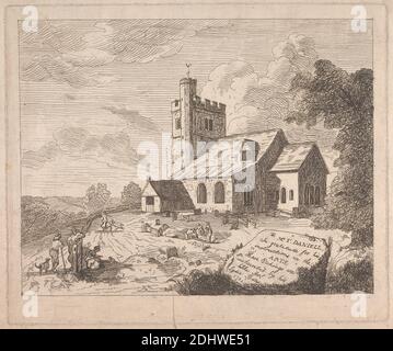 Little Missenden Church from the Southeast, Print made by Lydia Bates, Active 1784, after John Hamilton Mortimer, 1740–1779, British, 1784, Radierung auf mäßig dickem, mäßig strukturiertem, cremefarbenem Papier, Blatt: 11 7/16 x 17 1/8 cm (43.5 x 29 Zoll), Platte: 9 7/16 x 11 5/16 Zoll (23.9 x 28.7 cm), und Bild: 8 3/16 x 10 1/2 Zoll (20.8 x 26.6 cm), architektonisches Thema, Architektur, Felsbrocken, Friedhof, Kinder, Kirche, Wolken, Hunde (Tiere), Genre Thema, Friedhof, Hügel, Arbeit, Landschaft, Männer, Gemeinde (kirchlich), sprechen, Grabsteine, Frauen, Arbeiterklasse, Buckinghamshire Stockfoto