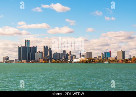 Detroit, Michigan, USA Skyline der Innenstadt am Detroit River. Stockfoto