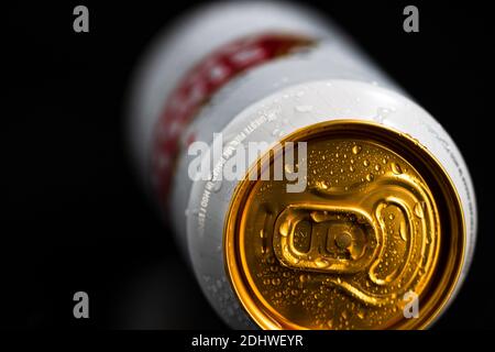 Kondenswassertröpfchen auf Stella Artois Bier können auf schwarz isoliert werden. Bukarest, Rumänien, 2020 Stockfoto