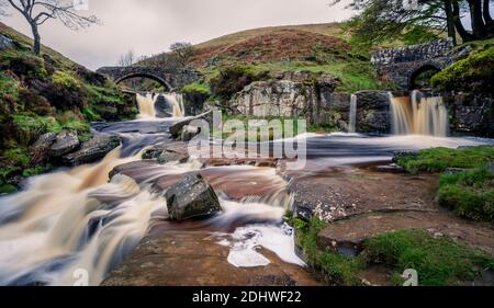 Die drei Shires Head Wasserfall am Treffpunkt von Derbyshire, Staffordshire und Cheshire. Stockfoto