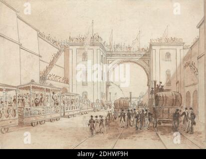 Eröffnung der Liverpool und Manchester Railway, Isaac Shaw, aktiv 1830, ca. 1830, Braunwäsche, braune Tinte und Graphit auf mittlerem, glattem, cremefarbenem Wove-Papier, Blatt: 6 3/16 × 8 1/2 Zoll (15.7 × 21.6 cm), Torbogen, Stadtbild, Menschenmenge, Fahnen, Genremotiv, Eisenbahn, Eisenbahnwaggons, Bahnhof, Dampflokomotiven, Züge, England, Liverpool, Vereinigtes Königreich Stockfoto