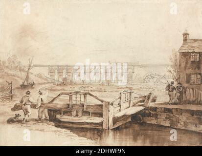 Das Viadukt über dem Sankey-Kanal, Isaac Shaw, aktiv 1830, ca. 1830, Braun waschen, braune Tinte und Graphit auf Medium, glatt, Creme gewebt Papier, Blatt: 6 1/8 × 8 7/16 Zoll (15.6 × 21.4 cm), architektonisches Motiv, Brücke (gebaut), Brücken, Bogen, Brücken, Eisenbahn, Kanal, Kanalboot, Häuser, Landschaft, Schloss, Lokomotive, Dampf, Menschen, Zug, Viadukt, Burtonwood, Cheshire, Earlestown, England, Newton-le-Willows, Saint Helens, Saint Helens Canal, Sankey Brook, Vereinigtes Königreich, Warrington Stockfoto