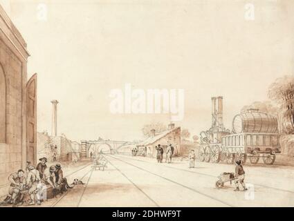 Blick auf die Liverpool und Manchester Railway mit der Lokomotive 'Twin Sisters' in A Siding, Isaac Shaw, aktiv 1830, ca. 1830, Braun waschen, braune Tinte, und Graphit auf Medium, glatt, Creme Wove Papier, Blatt: 6 1/8 × 8 11/16 Zoll (15.6 × 22.1 cm), Brücke (gebaut Arbeit), Stadtbild, Hund (Tier), Genre Thema, Lokomotive, Lokomotive, Dampf, Eisenbahn, Bahngebäude, Abstellgleis (Transit-System-Komponente), Smokestacks, Schubkarren, Arbeiter, England, Liverpool, Manchester, Vereinigtes Königreich Stockfoto