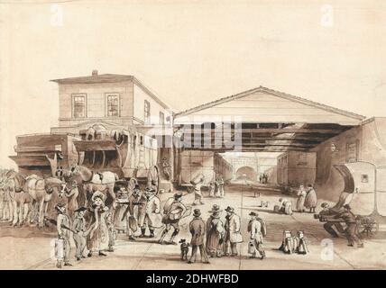 Eisenbahnbüro, Liverpool, Isaac Shaw, aktiv 1830, ca. 1830, Braunwäsche, braune Tinte und Graphit auf Medium, leicht strukturiert, cremefarbenes Wove-Papier, Blatt: 6 1/16 × 8 5/8 Zoll (15.4 × 21.9 cm), architektonisches Motiv, Stadtbild, Kutschen (Wagen), Hund (Tier), Genremotiv, Pferde (Tiere), Gepäck, Eisenbahn, Eisenbahnwaggons, Eisenbahnhof, Eisenbahn: Büros, Reisende, Tunnel, Eisenbahn, Arbeiter, England, Liverpool, Vereinigtes Königreich Stockfoto