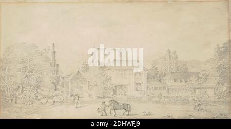 St. Ann's, The Governor's Residence (Trinidad), Richard Bridgens, Active 1838, British, 1838, Graphit auf Medium, leicht strukturiert, cremefarbenes Wove-Papier, Blatt: 6 1/2 × 12 1/2 Zoll (16.5 × 31.8 cm), Badehäuser, botanische Gärten, Hunde (Tiere), Zäune, Genre Thema, Pferde (Tiere), Lampen (Beleuchtungsgeräte Komponenten), Menschen, Plantagen Häuser, Bäume, Fenster, Trinidad, Westindien Stockfoto