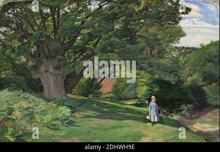 Hayes Common, William Henry Millais, 1828–1899, britisch, Figur von Sir John Everett Millais, 1829–1896, britisch, 1852 bis 1853, Öl auf Leinwand, Stütze (PTG): 22 x 33 7/8 Zoll (55.9 x 86 cm), Korb, Kind, Kostüm, Farne, Feld, Mädchen, Gras, Hügel, Landschaft, Pfad, Baum, England, Europa, Hayes, London, Vereinigtes Königreich Stockfoto