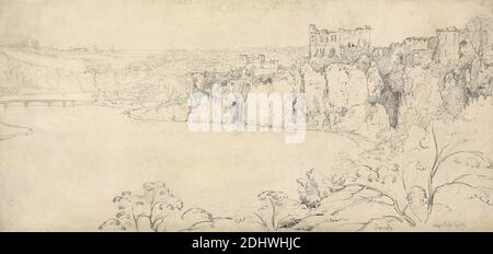 Chepstow Castle on the Wye, Francis Danby, 1793–1861, irisch, undatiert, Graphit auf mäßig dickem, leicht strukturiertem, cremefarbenem Gewebspapier, Blatt: 8 1/4 x 17 5/8 Zoll (21 x 44.8 cm), architektonisches Motiv, Burg, Klippen, Geologie, Hügel, Landschaft, Fluss, Ruinen, Bäume, Chepstow, Chepstow Castle, Cymru, Europa, Vereinigtes Königreich, Wales, Wye Stockfoto