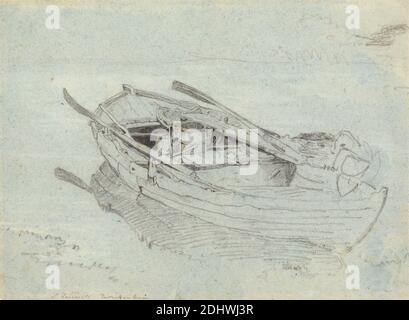 Ein Ruderboot in Twickenham, John Linnell, 1792–1882, britisch, undatiert, Schwarze Kreide und weiße Kreide auf mäßig dickem, leicht strukturiertem, hellblauem Wove-Papier, Blatt: 8 3/8 x 11 1/2 Zoll (21.3 x 29.2 cm), Fässer, Boot, festgemacht, Liegeplatz, Netz, Ruder, Reflexion, Fluss, Ruderboot, England, Europa, Groß-London, Themse, Twickenham, Vereinigtes Königreich Stockfoto