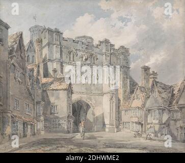 Christ Church Gate, Canterbury, Joseph Mallord William Turner, 1775–1851, britisch, 1793 bis 1794, Aquarell und Graphit auf Medium, leicht strukturiert, cremefarbenes Wove-Papier, Blatt: 8 7/8 x 10 3/4 Zoll (22.5 x 27.3 cm), Architekturmotiv, Gebäude, Wolken, Tore, Genremotiv, Pferde (Tiere), Canterbury, England, Europa, Kent, Vereinigtes Königreich Stockfoto