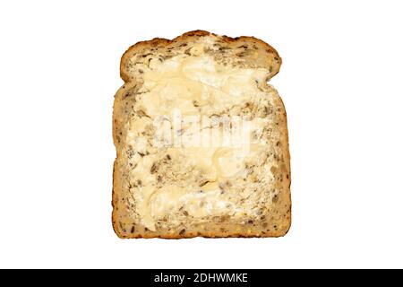 Vollkornbrot und Butter, die Frühstück gesundheitlichen Vorteile ausgeschnitten und isoliert auf einem weißen Hintergrund, close up Studio shot Stock Foto ima Stockfoto