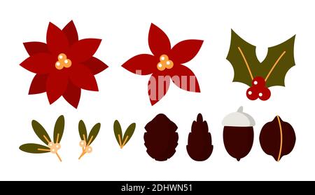 Set von Weihnachtsblumen Weihnachtsstern, Eichel oder Kegel, Mistel. Flache Cartoon Winter Beeren und Blätter. Blumen traditionelle Symbol Neujahr Urlaub. Einrichtungselemente. Isoliert auf weißer Vektorgrafik Stock Vektor