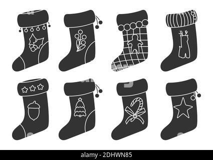 Weihnachts Socken Glyph Set. Weihnachtsstiefel mit Tannenbaum, Stern. Traditionelle Retro Weihnachtsstrumpf als Geschenk. Accessoires für Wintergeschenke. Home Dekoration auf Neujahr isoliert auf weißen Vektor-Illustration Stock Vektor