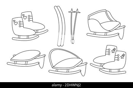 Wintersport Ausrüstung, Aktivität Urlaub Zeit im Freien. Set von schwarzen linearen Schlitten oder Skifahren, Schlittschuhe. Sammlung traditionelle Weihnachten Modus Transport für Kinder isoliert auf weißem Vektor Illustration Stock Vektor