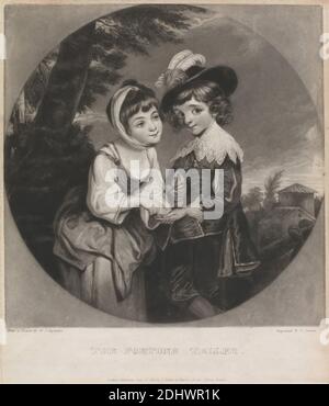 Lord Henry and Lady Charlotte Spencer : 'The Fortune Teller', Druck von Charles Turner, 1774–1857, britisch, nach Sir Joshua Reynolds RA, 1723–1792, britisch, 1823, Mezzotint (erster Staat) auf mäßig dickem, mäßig strukturiertem, beigefarbenem Papier, Blatt: 11 1/4 × 9 11/16 Zoll (28.6 × 24.6 cm), Platte: 10 5/8 × 9 Zoll (27 × 22.9 cm) und Bild: 8 7/8 × 8 7/8 Zoll (22.5 × 22.5 cm) Stockfoto