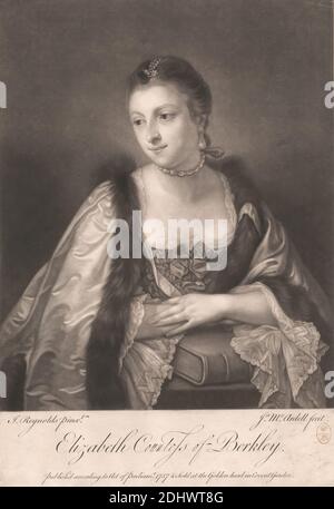 Elizabeth, Gräfin von Berkeley, Druck gemacht von James McArdell, ca. 1729–1765, Irisch, nach Sir Joshua Reynolds RA, 1723–1792, Britisch, 1757, Mezzotint auf mäßig dickem, leicht strukturiertem, cremefarbenen, gedeckten Papier, Blatt: 13 × × cm (22.9 33 9 Zoll) und Bild: 10 7/8 × 8 7/8 Zoll (27.6 × 22.5 cm) Stockfoto