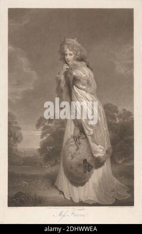 Miss Farren, Print made by Francesco Bartolozzi RA, 1728–1815, italienisch, Active in Britain (1764–99), and Charles Knight, 1743–c.1826, britisch, after Sir Thomas Lawrence, 1769–1830, britisch, Published by Bull & Jeffryes, Active 1793–1804, British, 1792, Radierung und Stippelgravur (fünfter Zustand) auf mittlerem, leicht strukturiertem, cremefarbenen Papier, Blatt: 22 1/4 × 14 1/4 Zoll (56.5 × 36.2 cm) und Bild: 19 1/2 × 12 1/2 Zoll (49.5 × 31.8 cm), Schauspielerin, Umhang, Wolken, Fell, Pelzhut, Handschuhe, Porträt, Bäume, Frau Stockfoto