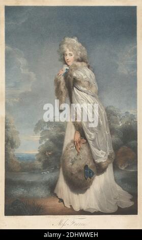 Miss Farren, Druck von Francesco Bartolozzi RA, 1728–1815, italienisch, in Großbritannien tätig (1764–99), And Charles Knight, 1743–c.1826, British, after Sir Thomas Lawrence, 1769–1830, British, Published by Bull & Jeffryes, Active 1793–1804, British, 1792, Farbdruckradierung und Stipple Engraving mit Handfärbung in Aquarell (möglicherweise fünfter Zustand) auf Medium, leicht strukturiert, cremefarbenes Papier, Blatt: 21 1/2 × 13 1/2 Zoll (54.6 × 34.3 cm) und Bild: 19 1/2 × 12 1/2 Zoll (49.5 × 31.8 cm Stockfoto