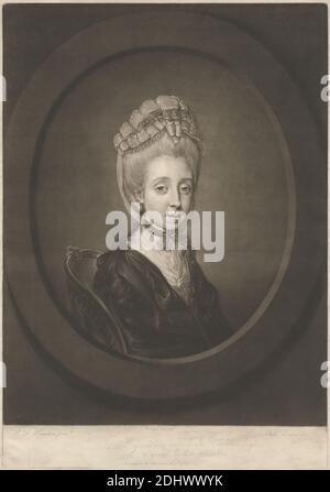 Mrs. Gulston, Druck von Richard Earlom, 1743–1822, britisch, nach Hugh Douglas Hamilton, 1739–1808, britisch, Publiziert von Robert Sayer, 1725–1794, britisch, 1771, Mezzotint und Radierung auf mittlerem, mäßig strukturiertem, cremefarbenen Papier, Blatt: 15 13/16 x 11 1/8 cm (28.3 x 40.1 Zoll), Platte: 15 9/16 x 10 7/8 Zoll (39.5 x 27.7 cm), und Bild: 14 1/8 x 10 7/8 Zoll (35.9 x 27.7 cm), Bogen (Kostümzubehör), Büste, Mütze (Kopfbedeckung), Umhang (Oberbekleidung), Stuhl, Kostüm, Rüschen, Spitze, Adel, Oval, Porträt, Rüschen, Frau Stockfoto