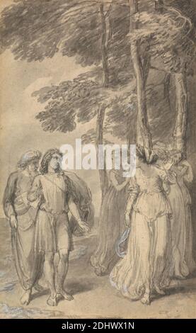 Eine von sechs Illustrationen zu Fenelons 'die Abenteuer des Telemachus-Sohnes von Ulysses', Thomas Stothard, 1755–1834, britisch, ca. 1784, Stift und graue Tinte, graue Wäsche und weiße Gouache auf mittlerem, leicht strukturiertem, cremefarbenem Wove-Papier, Blatt: 4 5/8 x 2 7/8in. (11.7 x 7,3 cm) und Blatt: 4 5/8 × 3 Zoll (11.7 × 7.6 cm), griechische Mythologie, literarisches Thema, Mythologie, Nymphen, religiöses und mythologisches Thema, Telemachus und Kalypso, Turban Stockfoto