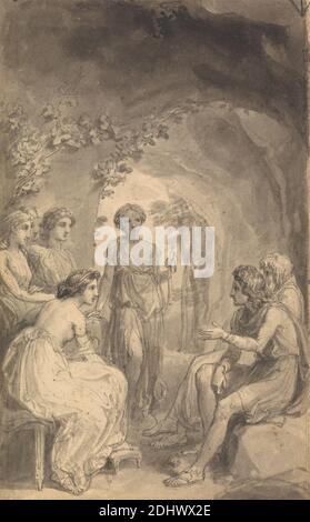 Eine von sechs Illustrationen zu Fenelons 'die Abenteuer des Telemachus-Sohnes von Ulysses', Thomas Stothard, 1755–1834, britisch, ca. 1784, Stift und graue Tinte und graue Wäsche auf Medium, leicht strukturiert, cremefarbenen Wove Papier, Blatt: 4 3/4 x 2 15/16in. (12.1 x 7,5 cm) und Blatt: 4 7/8 × 3 Zoll (12.4 × 7.6 cm), Höhlen, griechische Mythologie, literarisches Thema, Mythologie, Nymphen, religiöses und mythologisches Thema, Telemachus und Kalypso Stockfoto