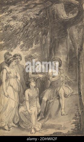 Eine von sechs Illustrationen zu Fenelons 'die Abenteuer des Telemachus-Sohnes von Ulysses', Thomas Stothard, 1755–1834, britisch, ca. 1784, Stift und graue Tinte, Graphit und grau waschen auf Medium, leicht strukturiert, Creme gewebt Papier, Blatt: 4 11/16 x 2 7/8in. (11.9 x 7,3 cm) und Blatt: 4 3/4 × 3 Zoll (12.1 × 7.6 cm), griechische Mythologie, literarisches Thema, Mythologie, Nymphen, religiöses und mythologisches Thema, Telemachus und Kalypso Stockfoto