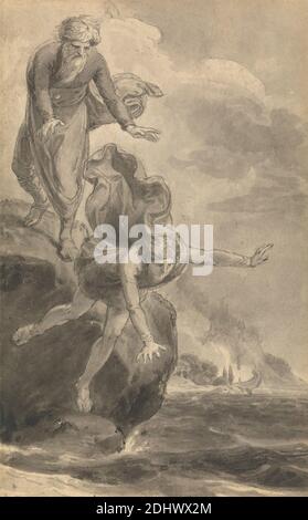 Eine von sechs Illustrationen zu Fenelons 'die Abenteuer des Telemachus-Sohnes von Ulysses', Thomas Stothard, 1755–1834, britisch, ca. 1784, Stift und graue Tinte und graue Wäsche auf Medium, leicht strukturiert, cremefarbenen Wove Papier, Blatt: 4 9/16 x 2 13/16in. (11.6 x 7,1cm) und Blatt: 4 5/8 × 2 7/8 Zoll (11.7 × 7.3 cm), Klippen, griechische Mythologie, literarisches Thema, Mythologie, Nymphen, religiöse und mythologische Thema, Telemachus und Calypso, die Nymphen von Calypso setzen Telemachus' Schiff in Brand, Wasser Stockfoto