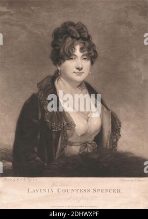 Lavinia Bingham, Countess Spencer, Druck von Charles Turner, 1774–1857, britisch, nach Sir Martin Archer Shee, 1769–1850, irisch, 1804, Mezzotint auf mäßig dickem, mäßig strukturiertem, cremefarbenem Papier, Blatt: 14 1/4 × 10 3/16 cm (25.9 × 36.2 Zoll), Platte: 14 × 9 7/8 Zoll (35.6 × 25.1 cm) und Bild: 11 3/4 × 9 13/16 Zoll (29.8 × 24.9 cm Stockfoto