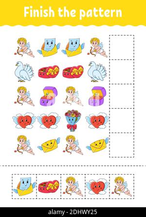 Das Muster fertig stellen. Schneiden und spielen. Arbeitsblatt zur Entwicklung von Schulungen. Aktivitätsseite. Valentinstag. Zeichentrickfigur. Stock Vektor