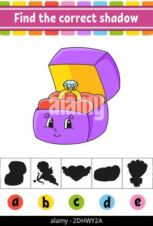 Suchen Sie den richtigen Schatten. Arbeitsblatt zur Entwicklung von Schulungen. Aktivitätsseite. Valentinstag. Farbe Spiel für Kinder. Isolierte Vektordarstellung. Carto Stock Vektor