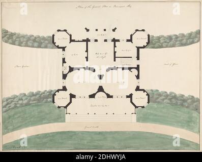 Fünf Entwürfe für ein Haus im gotischen Stil: Plan of the Ground Floor oder Principal Story, James Wyatt, 1746–1813, British, 1791, Aquarell auf Stift und schwarze Tinte auf mäßig dickem, leicht strukturiertem, cremefarbenen Wove-Papier, Blatt: 23 3/8 x 17 1/4 Zoll (59.4 x 43.8 cm), architektonisches Motiv, Kreuzgang, Landhaus, Blumengarten, Kies, Hecken, Rasen, Pläne (Zeichnungen), Treppen Stockfoto