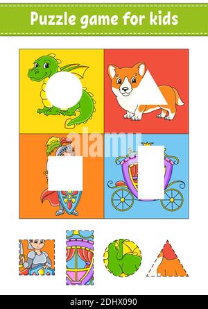 Puzzle-Spiel für Kinder. Ausschneiden und einfügen. Schneidverfahren. Lernformen. Arbeitsblatt zum Bildungswesen. Kreis, Quadrat, Rechteck, Dreieck. Aktivitätsseite.Carto Stock Vektor