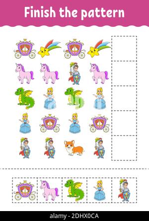 Das Muster fertig stellen. Schneiden und spielen. Arbeitsblatt zur Entwicklung von Schulungen. Aktivitätsseite.Zeichentrickfigur. Stock Vektor