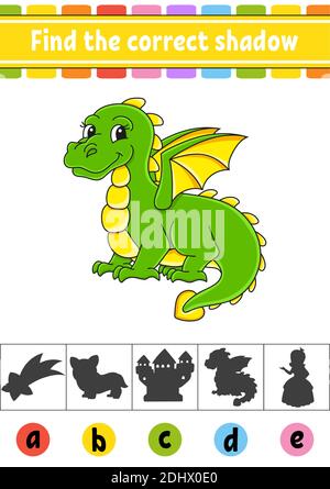 Suchen Sie den richtigen Schatten. Arbeitsblatt zur Entwicklung von Schulungen. Aktivitätsseite. Farbe Spiel für Kinder. Isolierte Vektordarstellung. Zeichentrickfigur. Stock Vektor