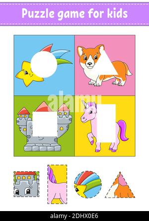 Puzzle-Spiel für Kinder. Ausschneiden und einfügen. Schneidverfahren. Lernformen. Arbeitsblatt zum Bildungswesen. Kreis, Quadrat, Rechteck, Dreieck. Aktivitätsseite.Carto Stock Vektor