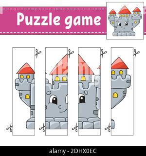 Puzzle-Spiel für Kinder. Schneidverfahren. Arbeitsblatt zur Entwicklung von Schulungen. Aktivitätsseite.Zeichentrickfigur. Stock Vektor