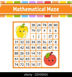 Mathematische Labyrinth. Spiel für Kinder. Anzahl Labyrinth. Bildung Entwicklung Arbeitsblatt. Aktivität Seite. Puzzle für Kinder. Zeichentrickfiguren. Rätsel für Stock Vektor